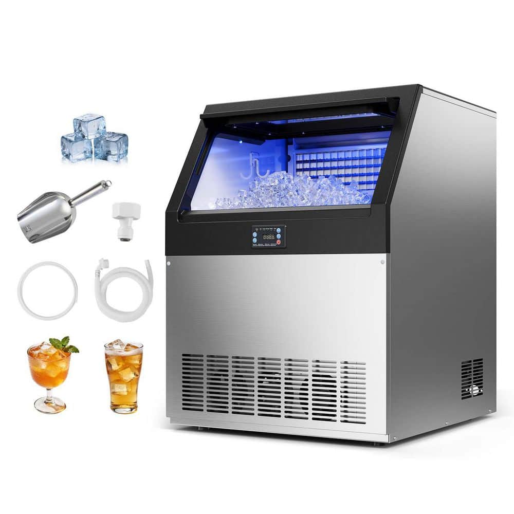 Commercial Ice Maker 440 lbs./24H Ice Machine 24.53 In. Freestanding Full Size Cubes 85 lbs. Storage Capacity Silver