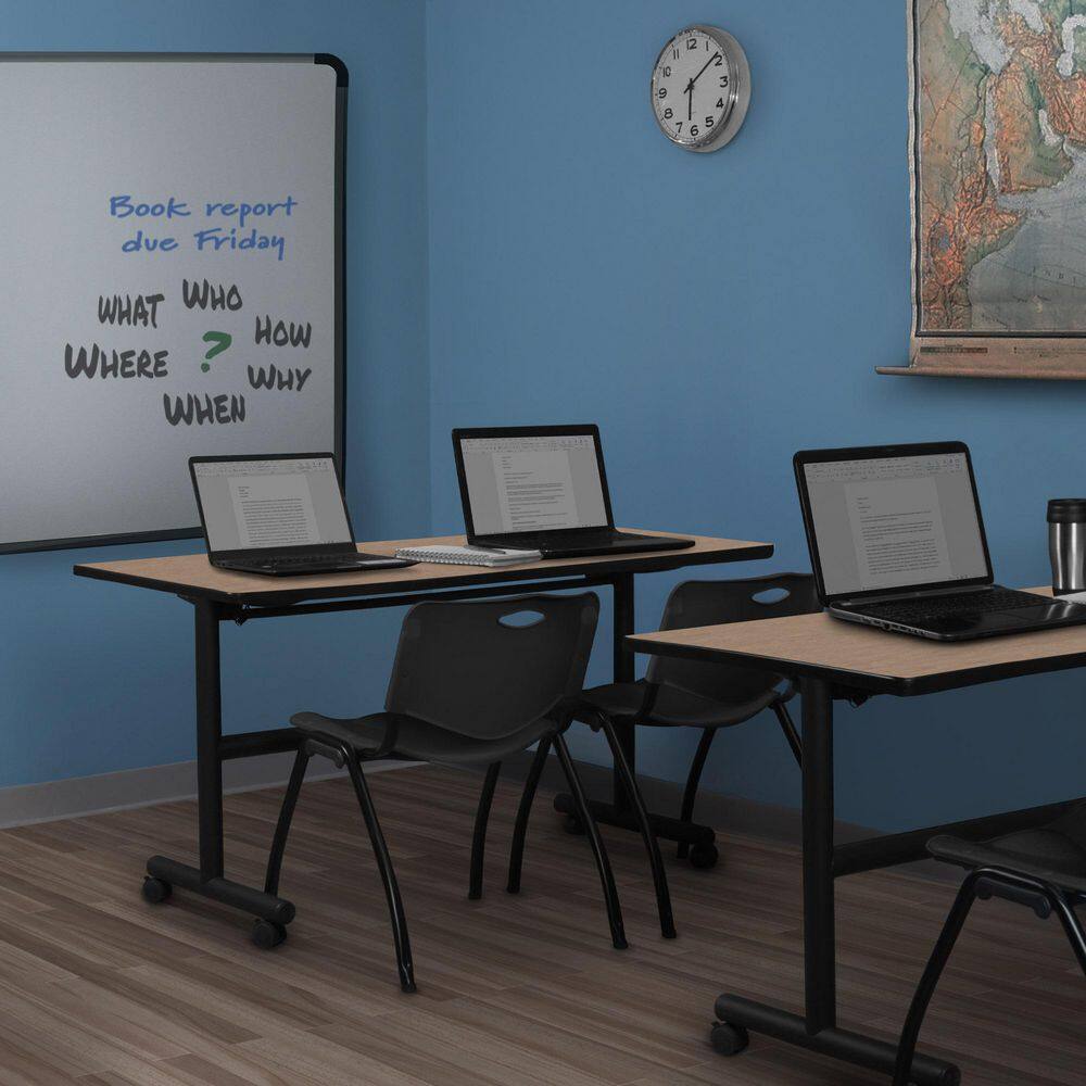 Kobe 72 in x 24 in. Noble Oak Flip-Top Training Nesting Table Desk, 2 M Stack Chairs-Black