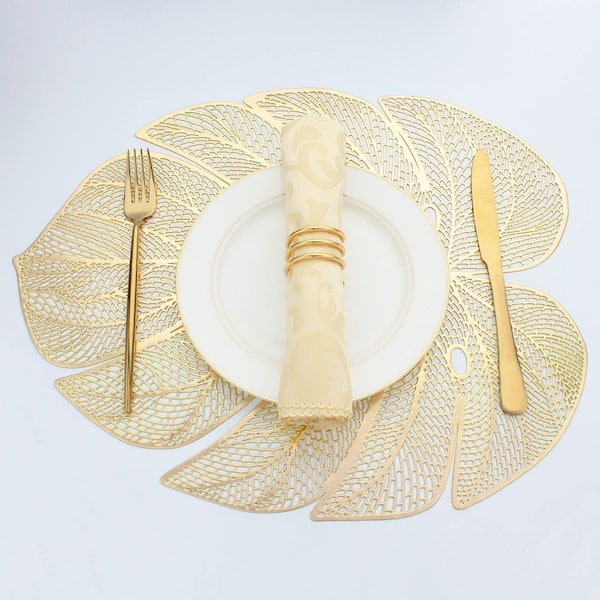 17.7 in. x 13.8 in. Gold Leaf Shaped Metallic Vinyl Placemats Set, Table Mats for Dinner Table Decoration (Set of 8)