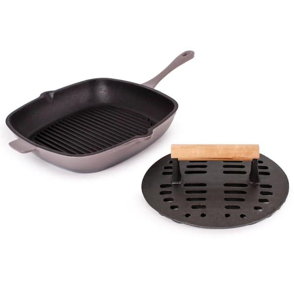 BergHOFF Neo 2-Piece Cast Iron 11 in. Grill Pan with Slotted Steak Press, Oyster