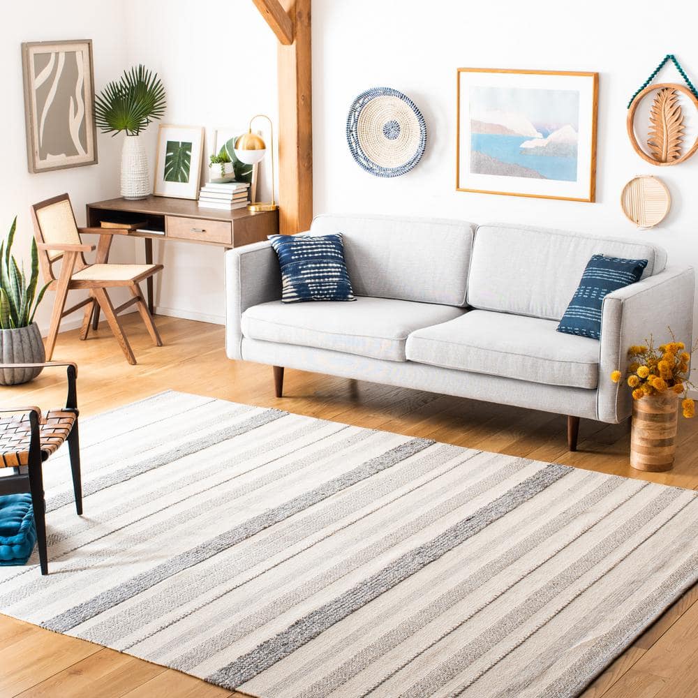 Ivory and Gray Striped Wool Cotton 8' x 10' Area Rug