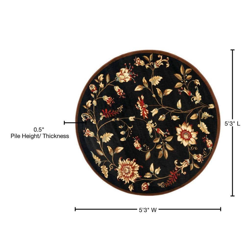 Round Black Floral Synthetic Easy Care Area Rug