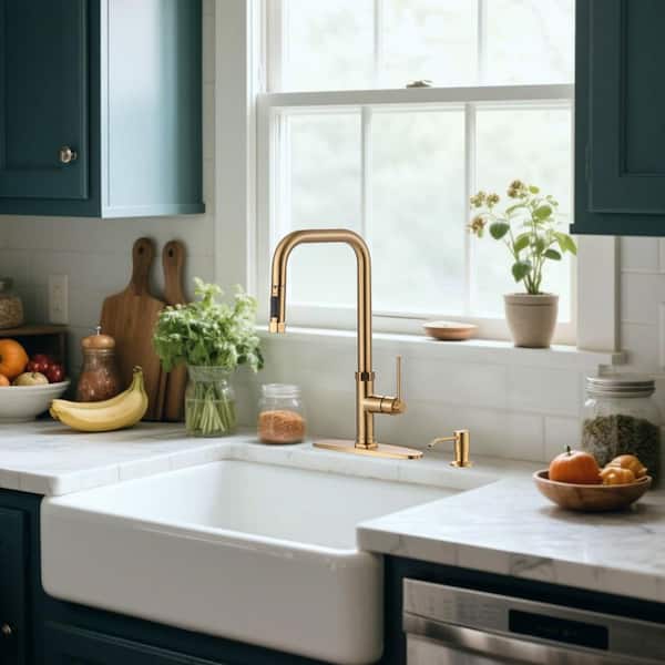 17 in. Single Handle Pull Down Sprayer Kitchen Faucet with 360° 2-Mode Spray and Soap Dispenser in Brushed Gold