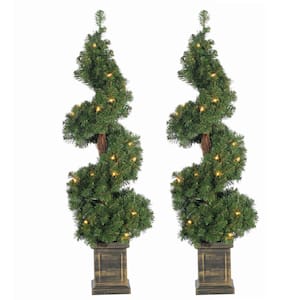 Set of 2 Battery Operated with Timers Set of 2 Lighted Pre-Potted 3.5 Foot Artificial Norway Pine Topiary Outdoor Indoor Trees