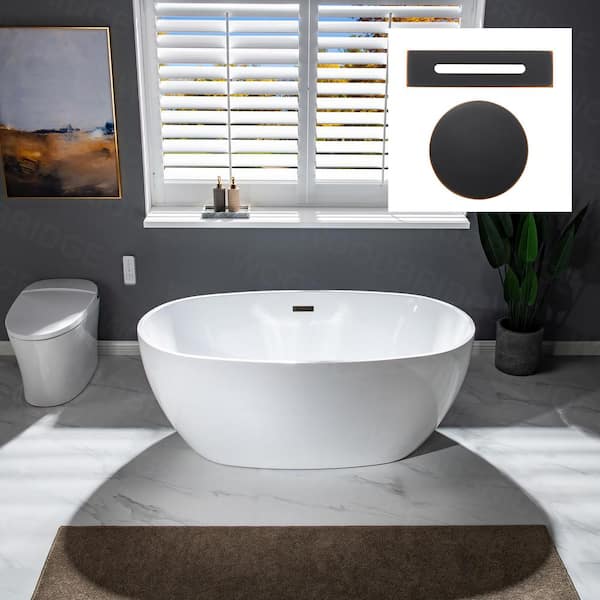 WOODBRIDGE Verdun 59 in. Acrylic FlatBottom Double Ended Bathtub with Oil Rubbed Bronze Overflow and Drain Included in White