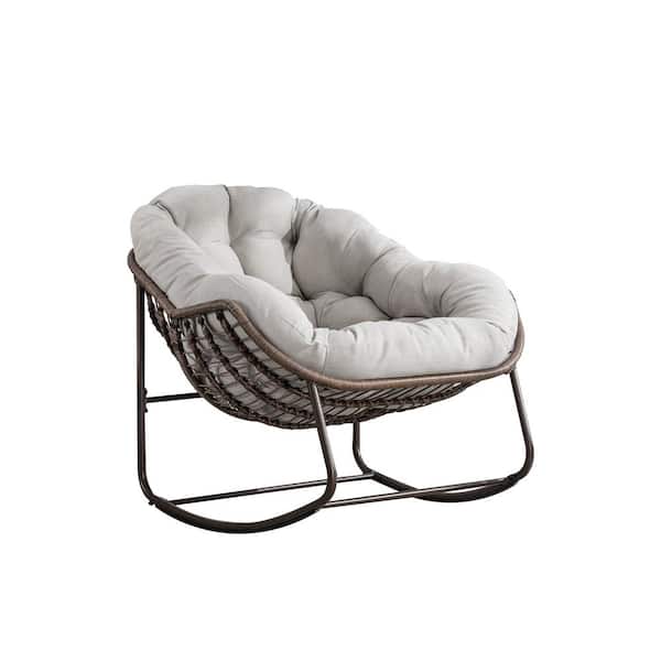 Unbranded Brown Wicker Outdoor Rocking Chair with Beige Cushion