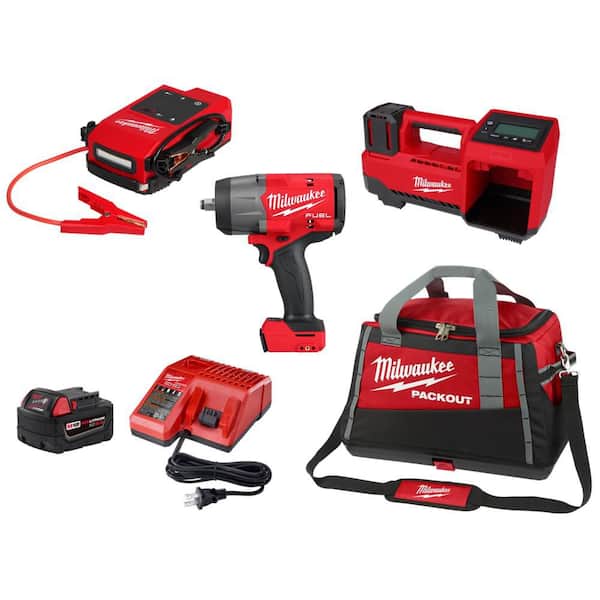 M18 18V Lithium-Ion Cordless Jump Starter w/ 1/2 in. Impact Wrench, Inflator, 5. 0Ah Battery/Charger Kit, & PACKOUT Tote