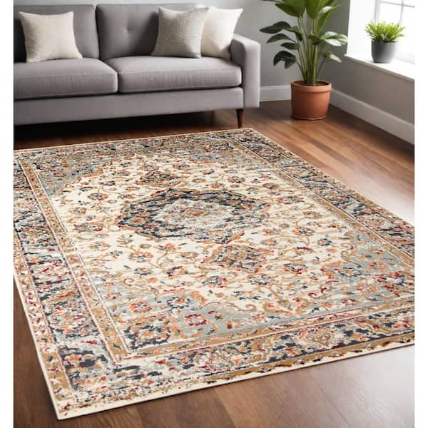 5 ft. x 8 ft. Ivory Navy and Orange Medallion Power Loom Area Rug