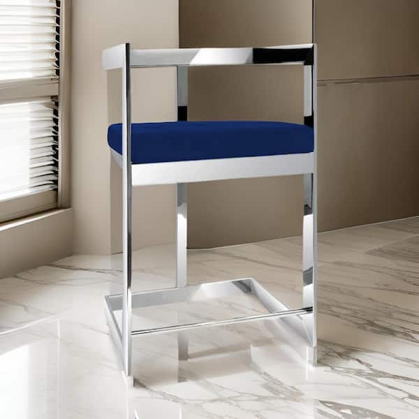 Benjara 30 in. Blue and Chrome Low Back Metal Frame Bar Stool with Velvet Seat