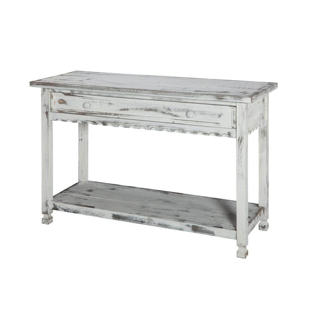 Antique White Cottage-Inspired Media Console with Storage Shelf