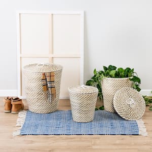Natural and White Seagrass Accent Tall Basket Set with Lids (Set of 3)