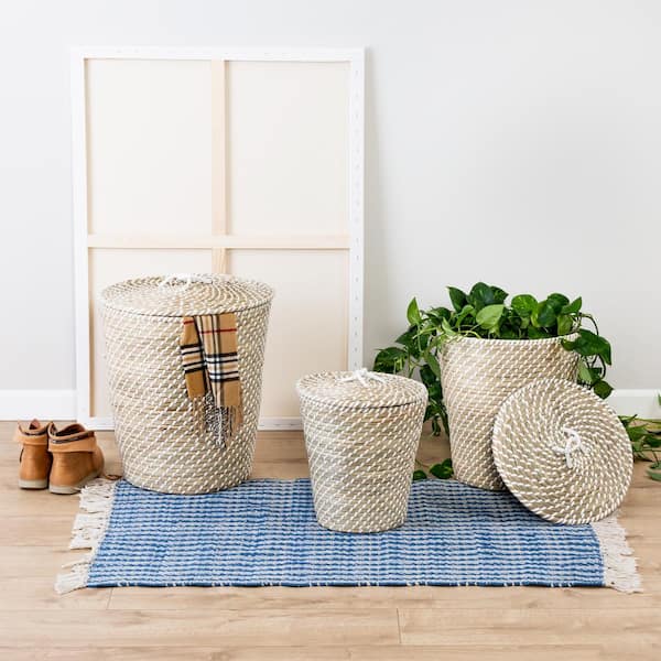 Honey-Can-Do Natural and White Seagrass Accent Tall Basket Set with Lids (Set of 3)