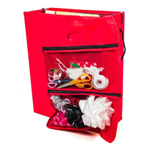 Red Gift Bag and Tissue Paper Storage Box with Gift Wrap Accessory Pockets