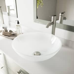 Glass Round Vessel Bathroom Sink in Frosted White with Seville Faucet and Pop-Up Drain in Brushed Nickel