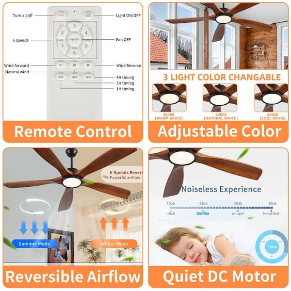 72 in. Downrod Mount Wood Ceiling Fan with Light, Low Profile, Remote Control, Noiseless Reversible DC Motor with Timer