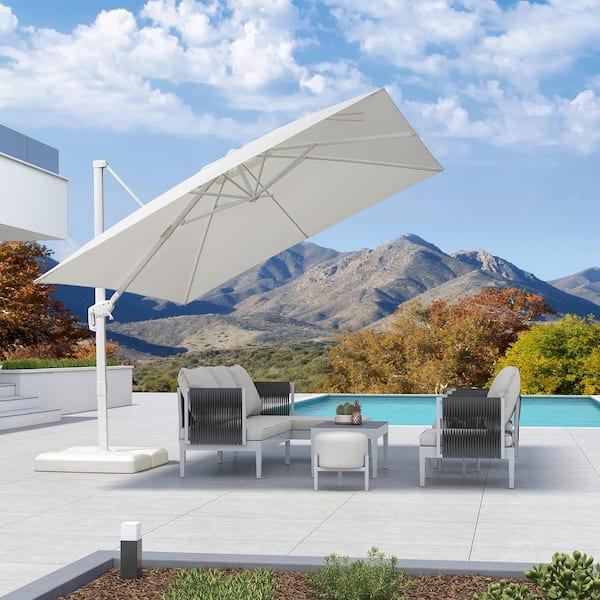 10 ft. Square Outdoor Patio Cantilever Umbrella White Aluminum Offset 360° Rotation Umbrella with Base, White