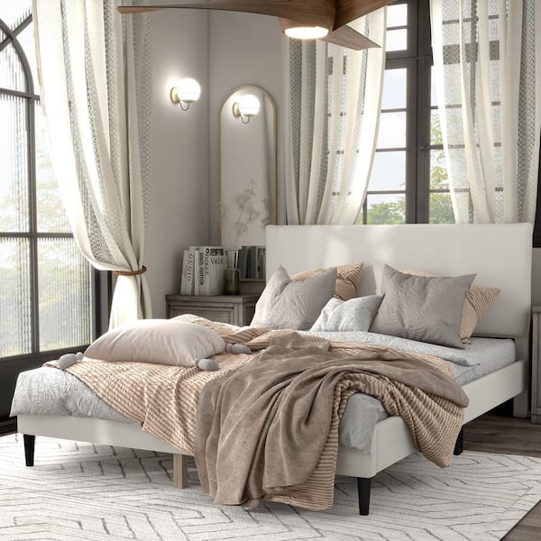 Lumi White Pillow Headboard Boucle Fabric Upholstered Wood Frame Queen Platform Bed With Welted Trim