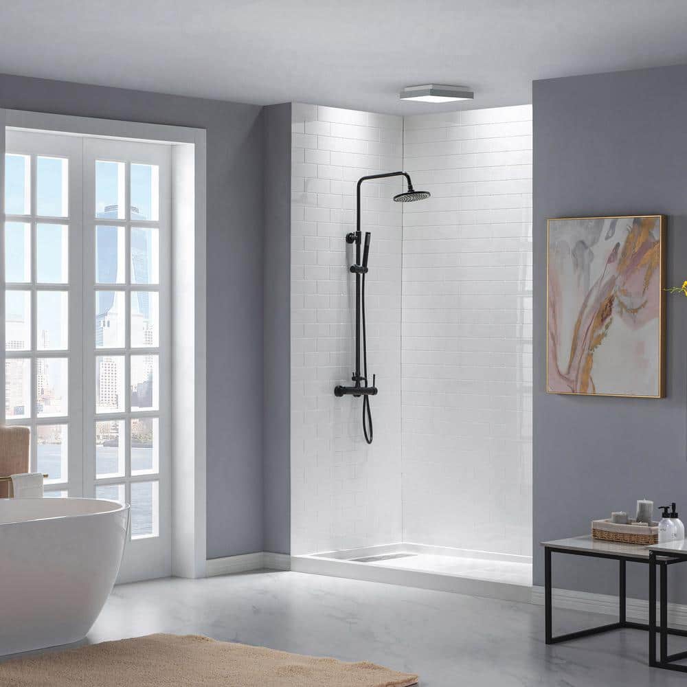 White Rectangular Shower Pan with Matte Black Drain Cover
