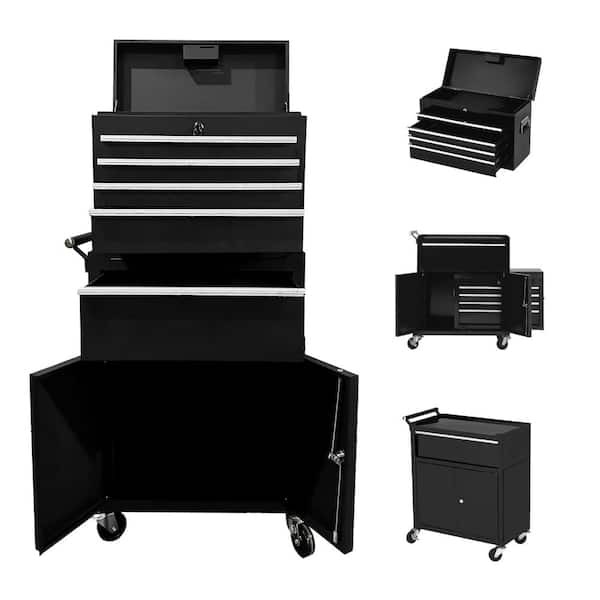 5-Drawer Black Tool Chest Tool Box ,Lockable Detachable Rolling Storage, 2-in-1 Compact Metal Cabinet with Top Chest