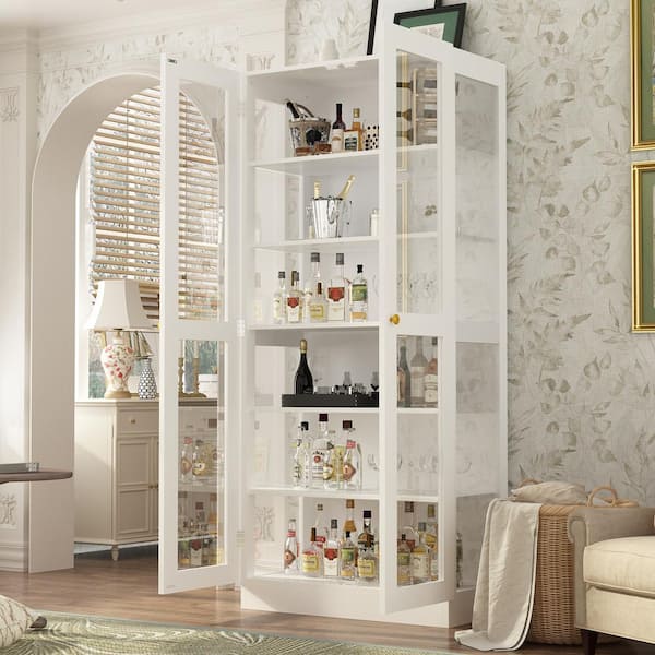 FUFU GAGA 70.9 in. H White Wood 2 Glass Door Accent Cabinet with 6 Tier Shelves Kitchen Pantry Cupboard Storage Cabinet KF390032 01
