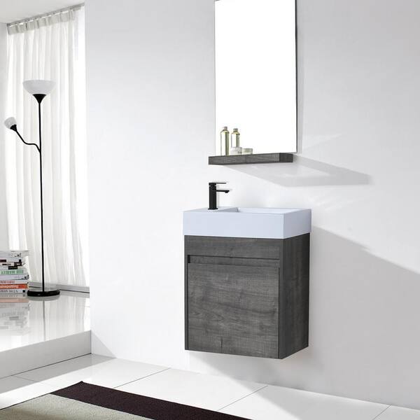 Bathroom Grey Painted Vanity Unit Corner Sink Cabinet With Oak Top