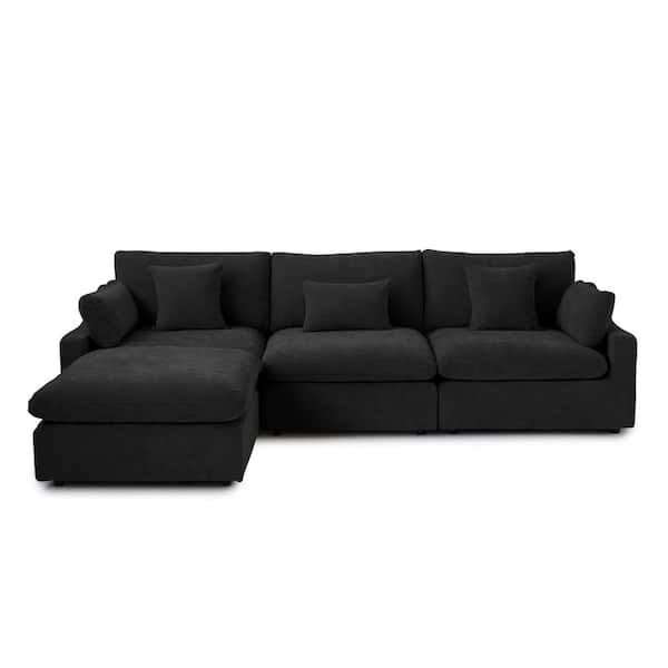 119 in. Slope Arm Linen L-shape Modular Free Combination Sofa with Ottoman in Black