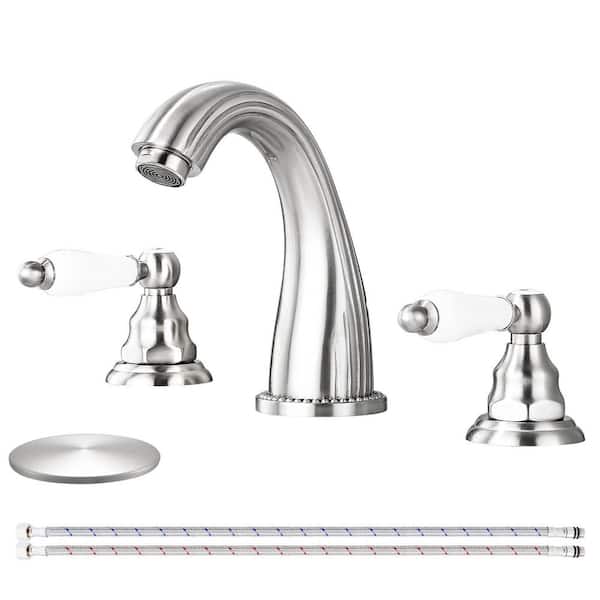 Double Handles 8 in. Widespread Bathroom Faucet 3-Hole Sink Faucet with Pop-Up Drain in Brushed Nickel