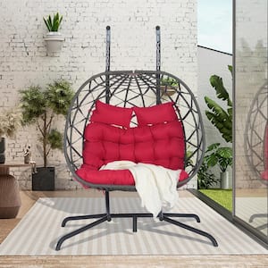 High-Quality Durable Steel Frame Large 2-Person 600 lbs. Gray Wicker Double Swing Egg Chair with Red Cushions