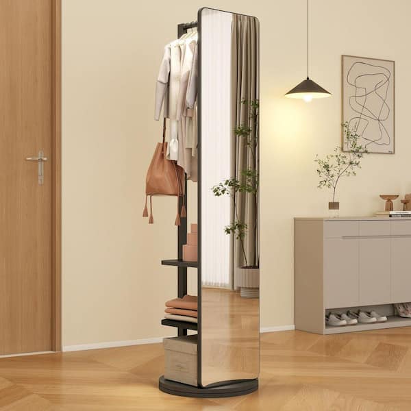 Black 17.7 in. W x 65.8 in. H 360° Rotatable Full-Length Mirror, 2-in-1 Floor Mirrors and Coat Rack Standing Mirror