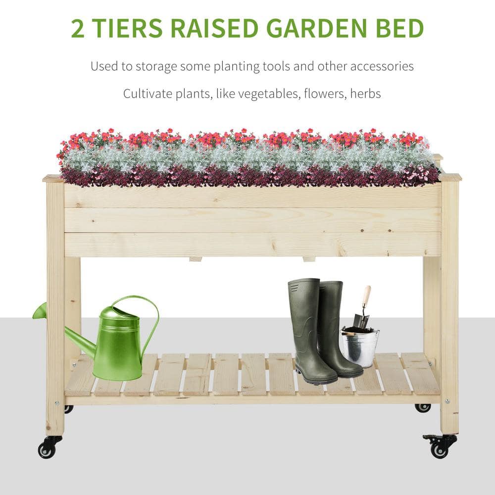Natural Fir Wood Raised Garden Bed with Wheels and Shelf