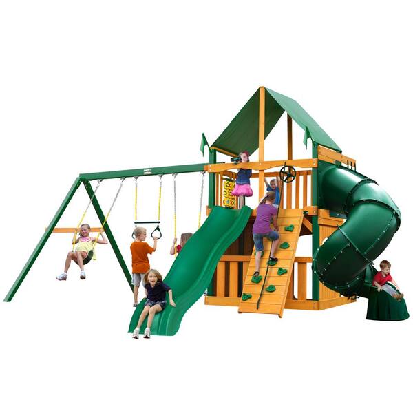 Gorilla Playsets Mountaineer Clubhouse Wooden Swing Set with Green Vinyl Canopy, Timber Shield Posts, Tube Slide and Rock Wall
