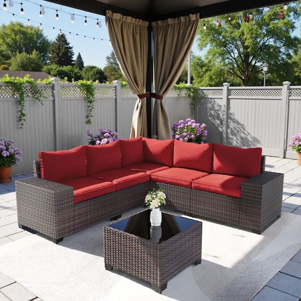 6-Piece Brown Wicker Outdoor Sectional Set with Wide Armrest, Black Tempered Glass and Red Cushions