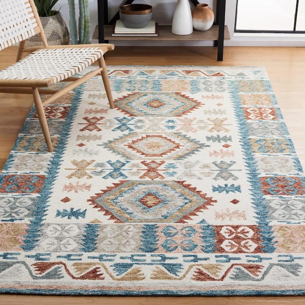 Micro-Loop Ivory/Blue Doormat 3 ft. x 5 ft. Native American Area Rug