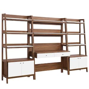 Bixby 114 in. W Rectangular in Walnut White 3-Piece Home Office Desk and Bookshelf Display Case