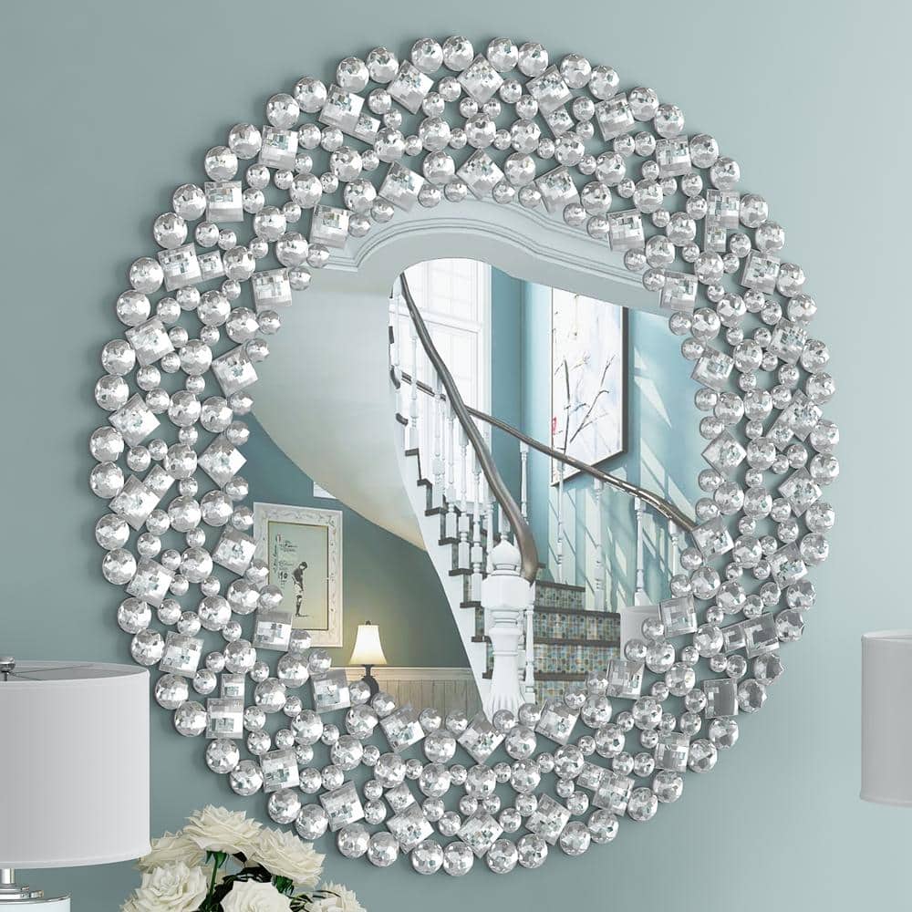 THKSHOUZ Silver 34 in. W x 34 in. H Modern Round Glass Framed