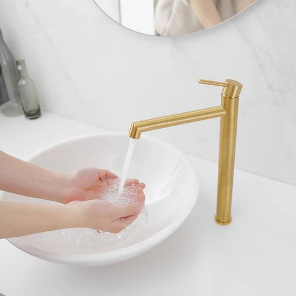 Single Hole Single Handle Bathroom Vessel Sink Faucet With Supply Hose in Brushed Gold