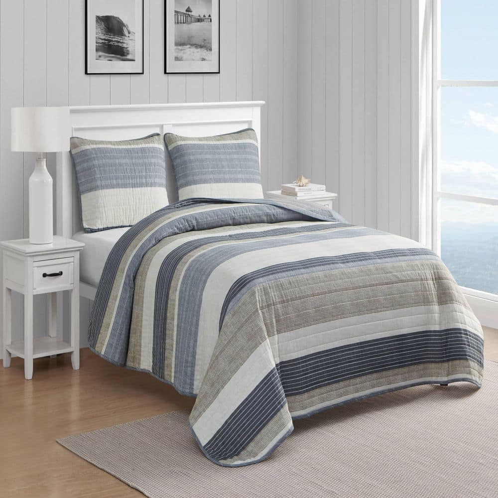 Tan Reversible Cotton Full Quilt Set with Trim