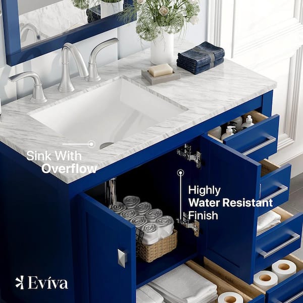 Eviva Navy 36 inch Deep Blue Bathroom Vanity with White Carrera Counter-top  and White Undermount Porcelain Sink