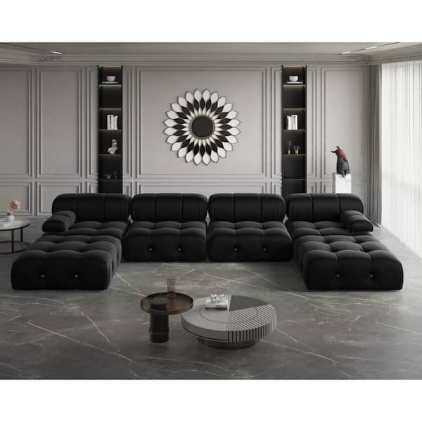 138.61 in. Square Arm 6-piece U Shaped Velvet Modular Free Combination Sectional Sofa with Ottoman in. Black