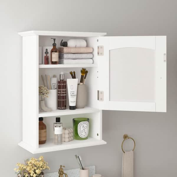 Wall Cabinet with Mirror, Wood Medicine Cabinets with Door, Adjustable Shelf, 19.8 in. H, White Bathroom Storage