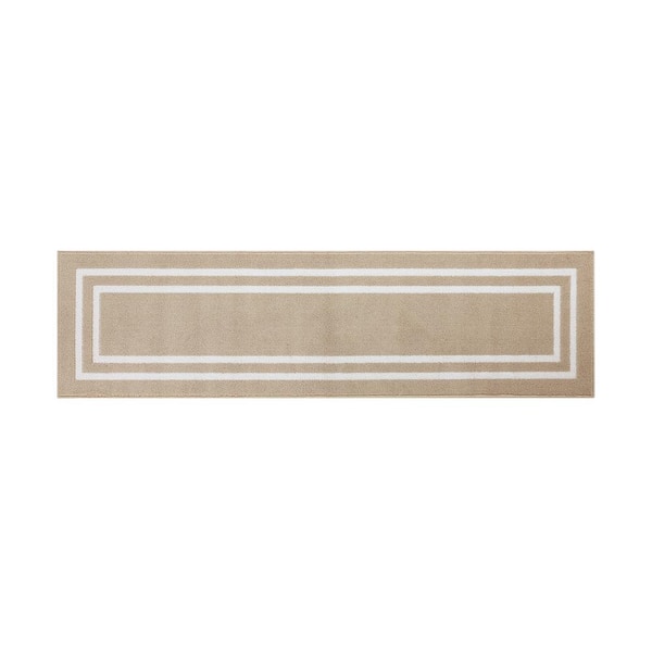 Double Border Beige/White 2 ft. x 6 ft. Tufted Border Polypropylene Runner Accent Rug