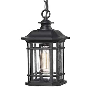 11 in. 1-Light Black Exterior Outdoor Pendant Light with Seed Glass and No Bulbs Included