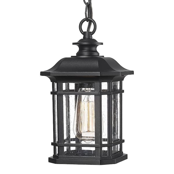 JAZAVA 11 in. 1-Light Black Exterior Outdoor Pendant Light with Seed Glass and No Bulbs Included