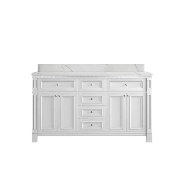 Willow Collections Paris 60 in. W x 22 in. D x 36 in. H Double Sink Bath Vanity in White with 1.5 in. Calacatta Laza qt. Top