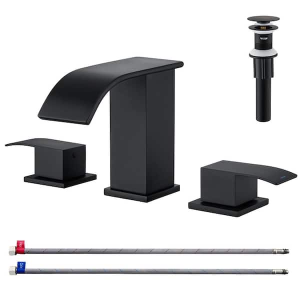 Unbranded 8 in. Widespread Double-Handle Waterfall Spout Bathroom Vessel Sink Faucet with Drain Kit Included in Matte Black