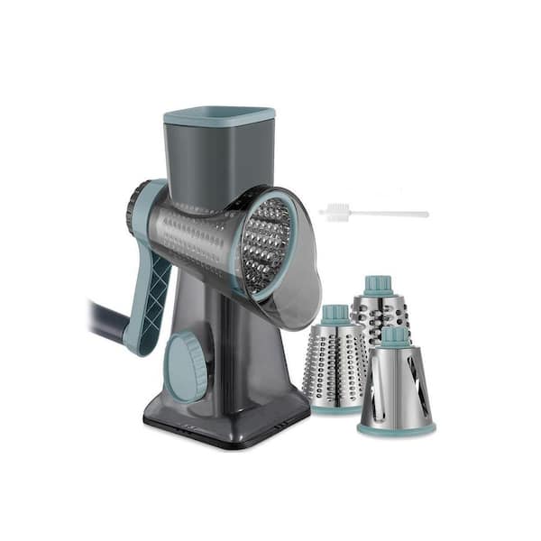 3-in-1 White Hand Crank Cheese Grater Rotary Vegetable Slicer with Interchangeable Blades Suction Base
