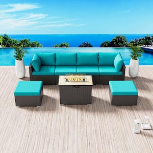 Rattan Wicker 7-Piece Outdoor Patio Propane Fire Pit Furniture Set with Turquoise Cushions