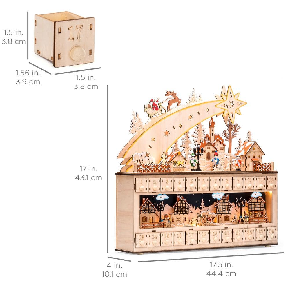 Wooden Christmas Advent Calendar with LED Lights and Shooting Star