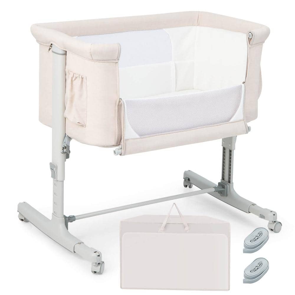 Portable Baby Bedside Bassinet with 5 Adjustable Height Levels and Travel Bag, Beige