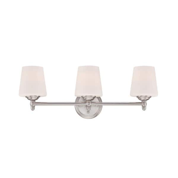 Designers Fountain Darcy 3-Light Brushed Nickel Vanity Light with White Opal Glass Shades